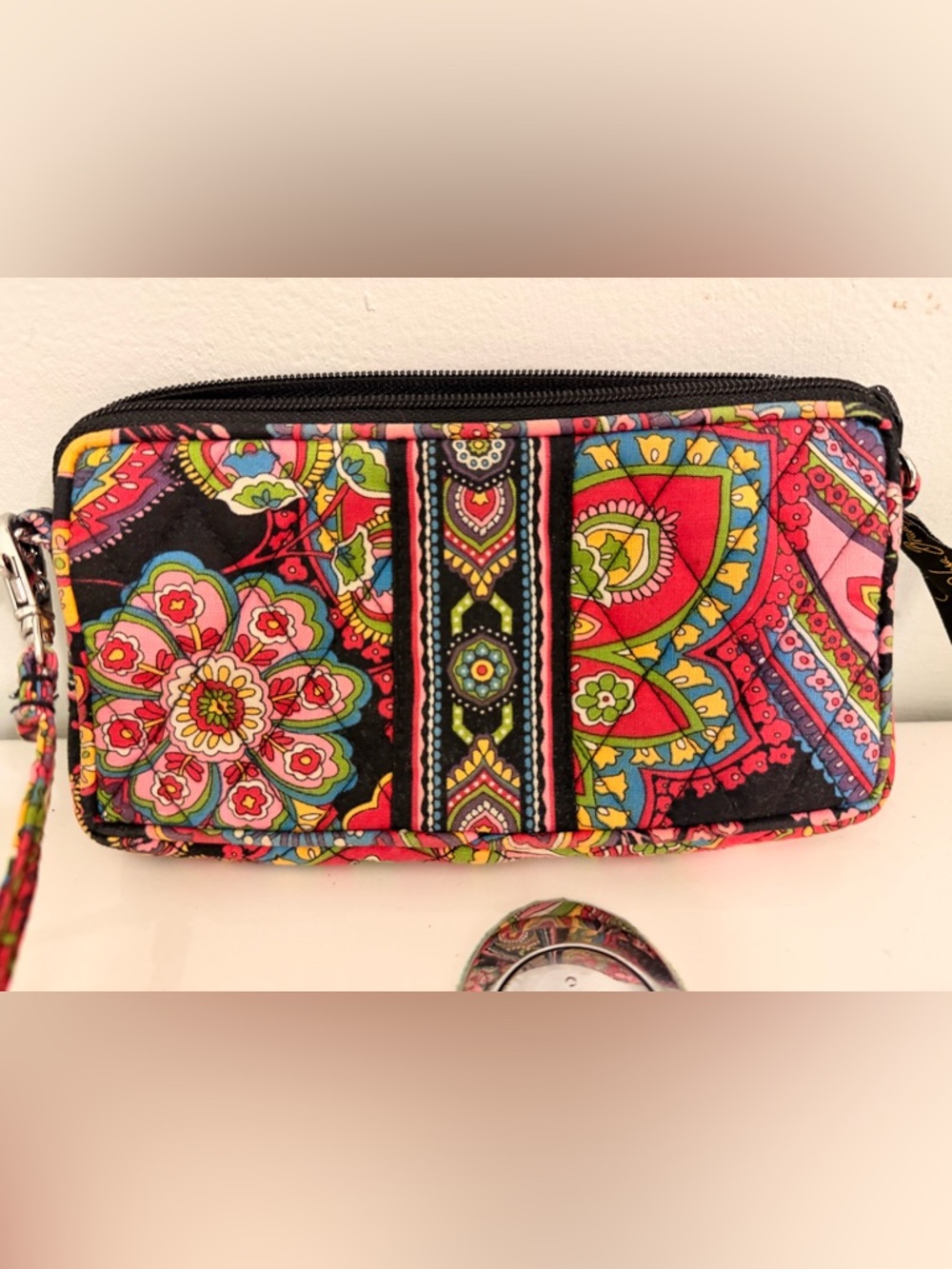 Vera Bradley Black Multicolor Quilted Wristlet with Paisley Floral Print